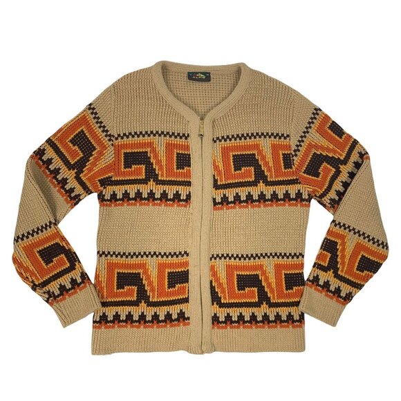Vintage Sz Medium Sweater Alps Knitmeister Zip Up Cardigan Brown Orange Western - Picture 1 of 7